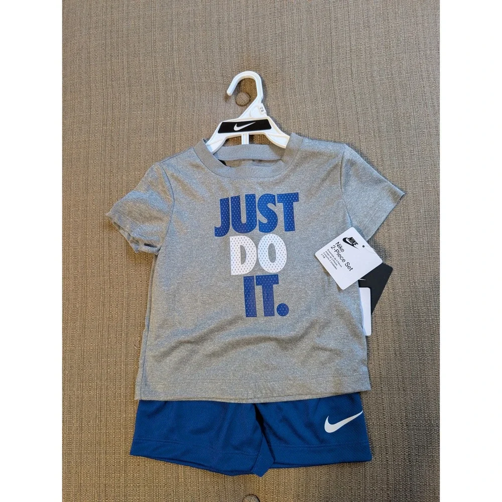 Nike Toddler Boys 2-Piece Set Just Do It T-Shirt and Mesh Shorts Gray Blue 12M